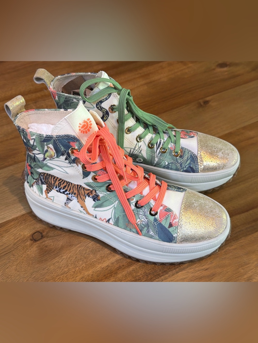JATAREA Jui Platform Sneakers Jungle Mismatched Tiger Snake Gold Toe NWOB Sz 8